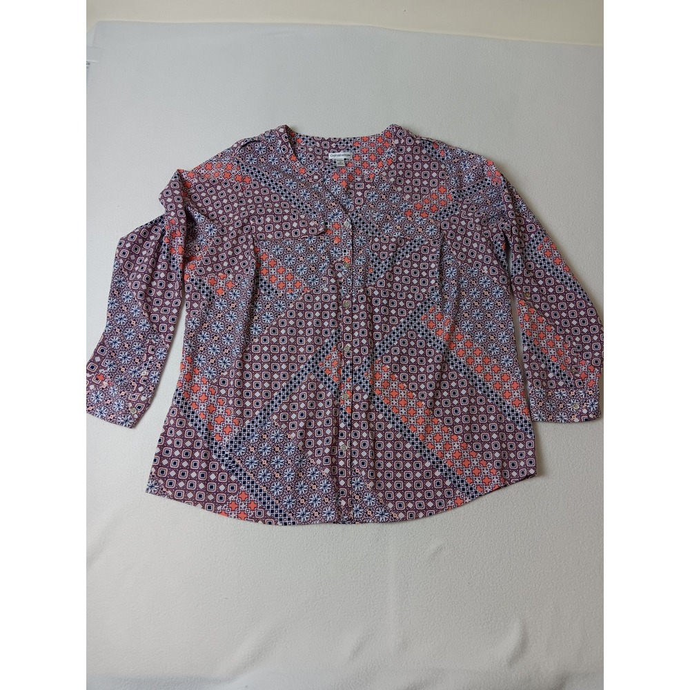 Croft & Barrow Womens 1X‎ Geometric Floral Button Front Blouse Navy Orange Top